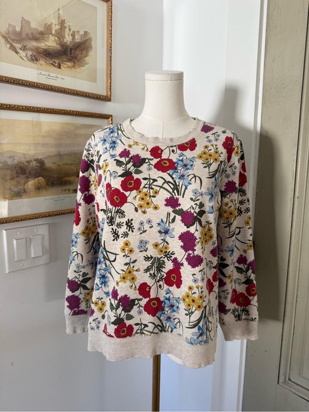 Floral Crewneck Sweater - Cream with Red & Purple Flowers - Picture 2 of 7